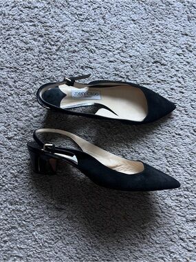 $675 Jimmy Choo Black Suede Patent Block Heel Slingback Pump size 7.5/38